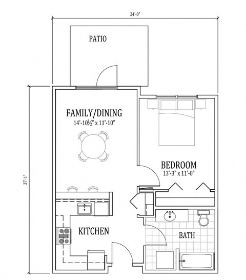 Floor plan for 1 bed, 1 bath, 585 sqft